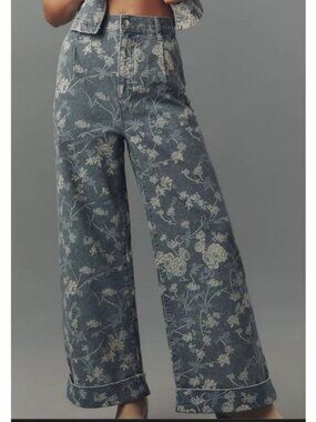 Anthropologie The Leon Double Hem Floral High-Rise Wide-Leg Jeans - Sz 27R